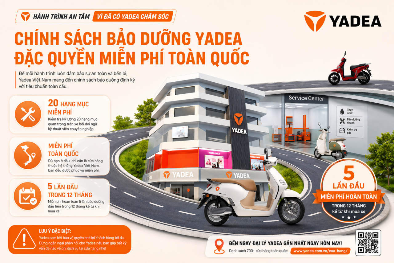 Yadea Việt Nam triển khai chính sách bảo dưỡng định kỳ miễn phí toàn quốc